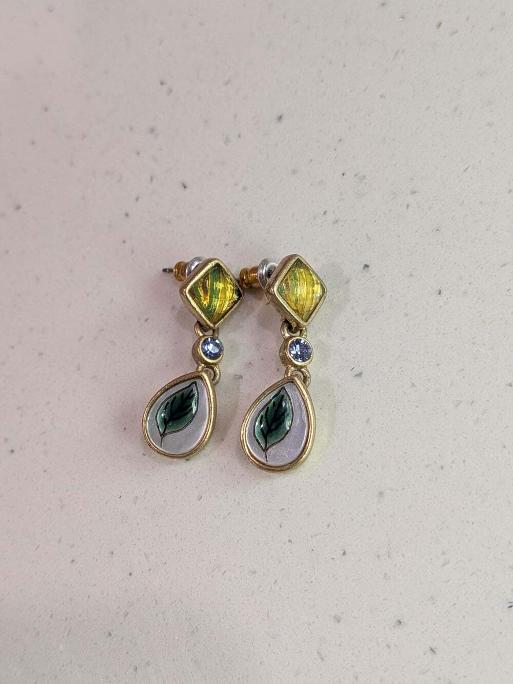 Vintage Gold Tone Leaf Motif Dangle Earrings Yellow Blue Rhinestone Faux Mother